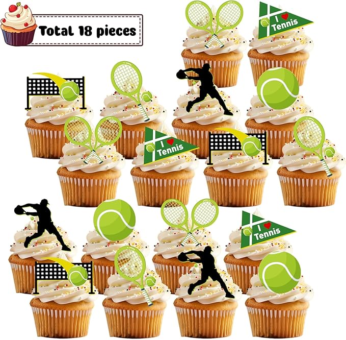 18 PCS Tennis Cupcake Toppers for Birthday Baby Shower Sport Tennis Ball Racket Player Cake Decor Picks Green GlitterTennis Party Decorations Supplies