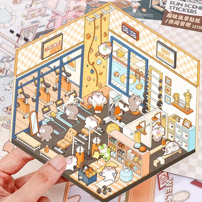 DIY 3D House Stickers, 4 Set Fun DIY Stickers Scene Make Your Own Warm Home, Supermarket, Coffee Shop, Music Bar, Cute 3D Cartoon Scene Stickers for Adult Kids Relief Stress Pass The Time (XMPLUS)