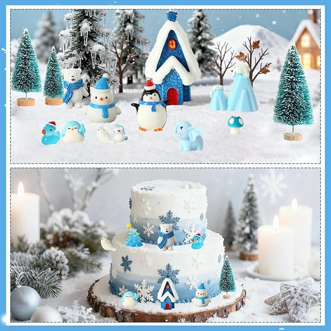 Miniature Winter Figurines, Blue Theme Simulated Ice Cubes Blue Christmas Tree Christmas Scenery Ornaments for Desktop Decoration Micro Landscape Accessories