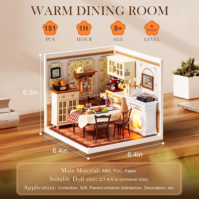 ROBOTIME Super Creator Toy Building Set DIY Miniature House Kit with LED Tiny Room Making Kit Expandable Plastic Craft Toy for Creative Play Home Decor Unique Hobby Gift (Warm Dining Room)