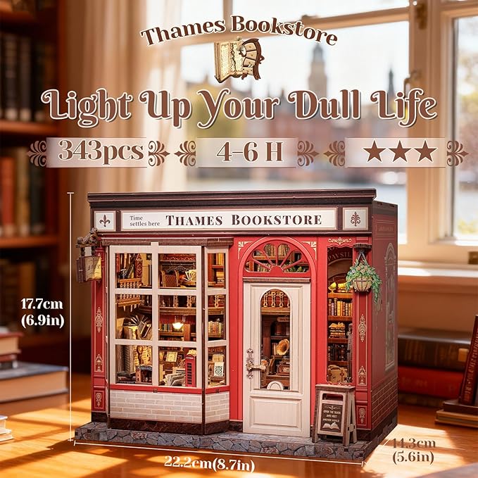 Book Nook Library Kit, DIY Miniature Dollhouse Booknook Kits for Adults Teens, Magic Bookshop 3D Wooden Puzzle Crafts Bookshelf Decor with LED Light, Gift for Family and Friends (Thames Bookstore)