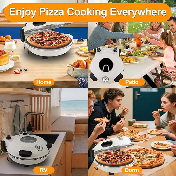ECUMFFY Pizza Oven Indoor, 12 Inch Retro Pizza Maker, Rapid Heating 800˚F, 1200W Glazed Ceramic Stone Electric Pizza Cooker, Two-button Precise Temperature Control, Viewing Window for Precise Cooking