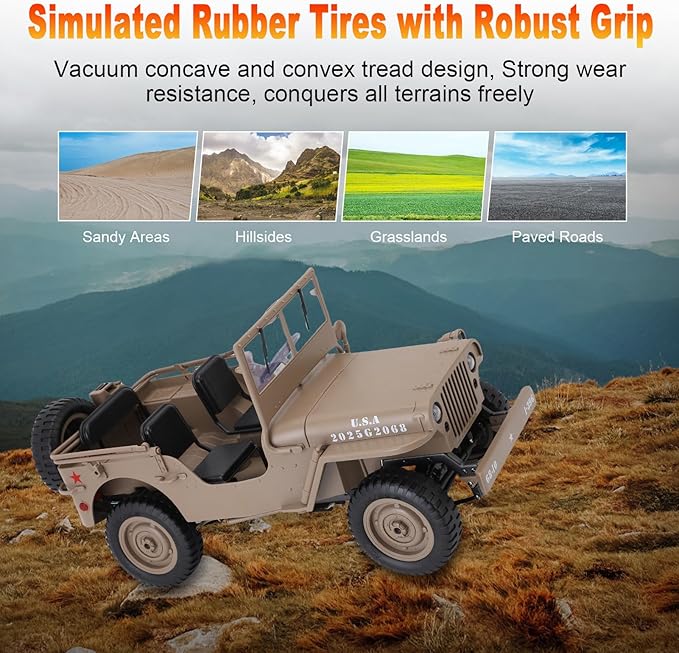 RC Crawlers, 1:10 Scale D888 Willys Military Jeep, 2.4Ghz 4WD Off Road Rock Crawler with Lights, Removable Accessories All Terrain RC Jeep Toy for Adult Teens-Upgradable (2 Batteries)