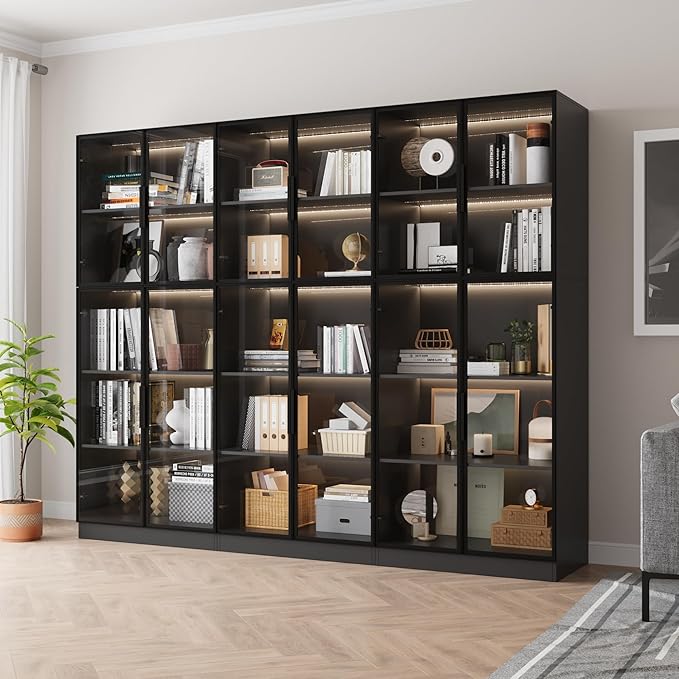 3 Piece Display Cabinet with Glass Doors & Adjustable Lights, 78.7” Tall Display Case with 5 Tier Storage Shelves, Modern Collectibles Cabinet for Living Room, Office, Black