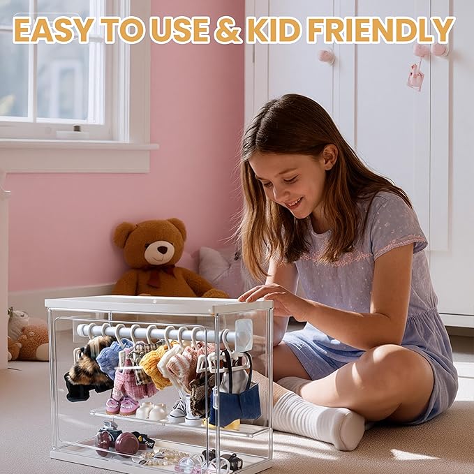 Clear Display Case Compatible with Labubu 15/17cm Doll Clothes & Accessories, Includes 10 Hangers, 1 Rod & 2 Supports, Stackable Doll Wardrobe Acrylic Organizer Shelf