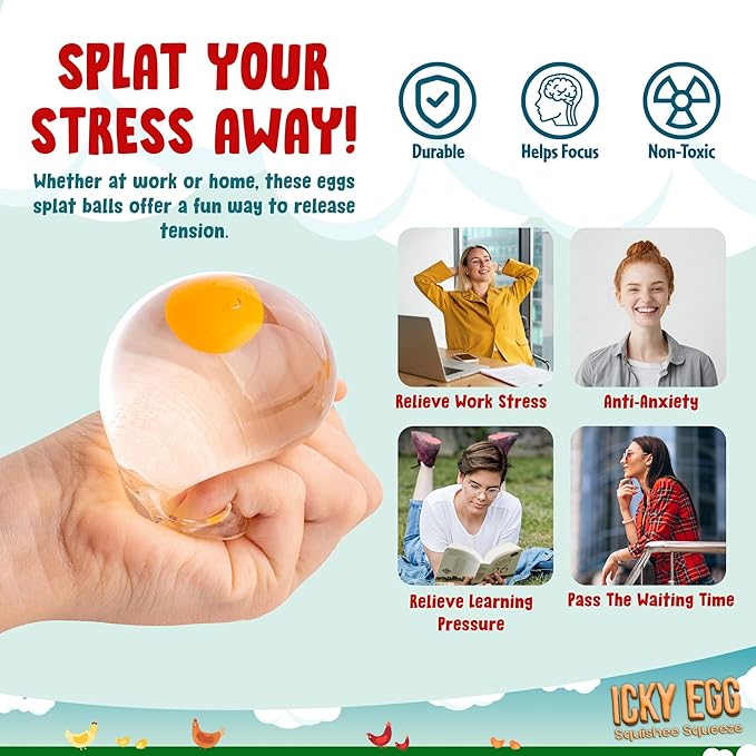 Squishy Ball Eggs Clear Egg Yolk Fun Squeeze Toys Stress Toys for Kids Easter Basket Fillers Squishy Funky Eggs Birthday Party Favors Pack of 4 Squishy Eggs