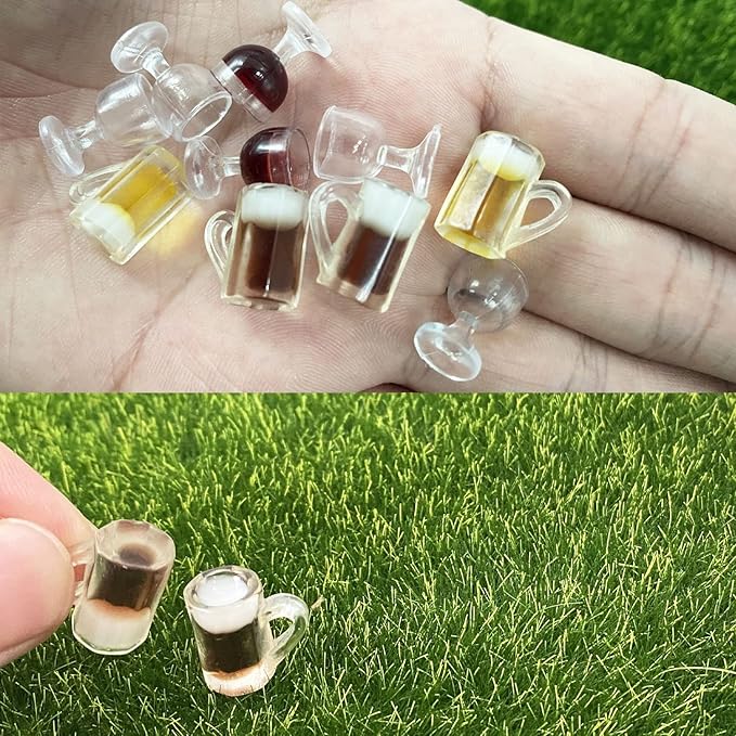 Cayway Miniature Drink Set - 8 PCS Accessories, 1 PCS Wooden Beer Barrel, White & Beer Glasses for Fairy Garden Pub Bar Decoration