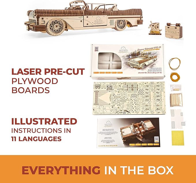 UGEARS Dream Cabriolet VM-05 Wooden 3D Puzzles for Adults - 3D Wooden Puzzles for Adults - Mechanical Model Car Kit - Retro 1950s Inspired DIY Craft, 3D Puzzle