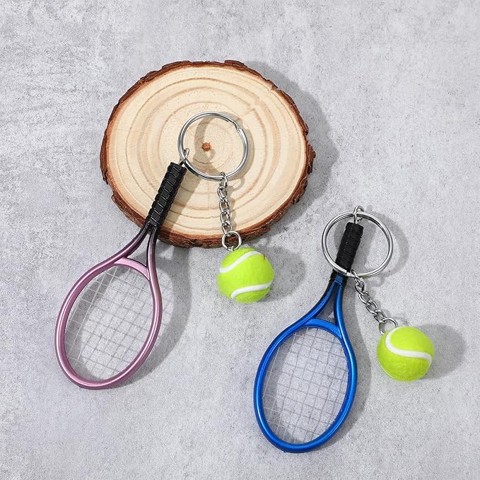 Mini Tennis Racket Keychain Key Ring, 2 Pcs Cute Tennis Accessories Colorful Mini Sport Party Decorations Fashionable Jewelry Ball Key Ring Bag Charm for Sport Lovers Team, Women, Men (Blue, Purple)