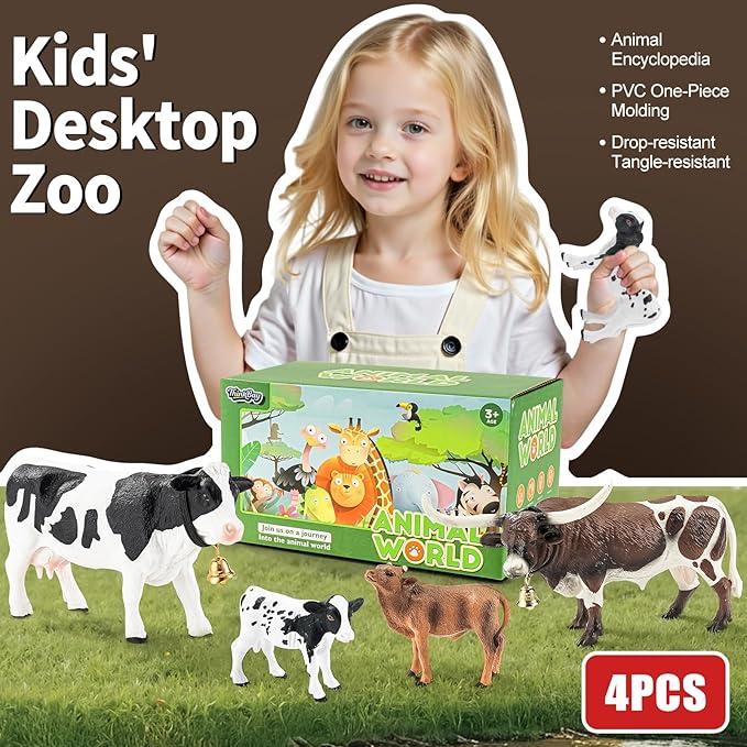 4PCS Cows Bulls Longhorn Farm Animal Figurines Toys for Kids, Plastic Cow Farm Animals Figures for Boys Girls Include White Holstein & Texas Longhorn and 2 Calfs, Cake Toppers Party Favors