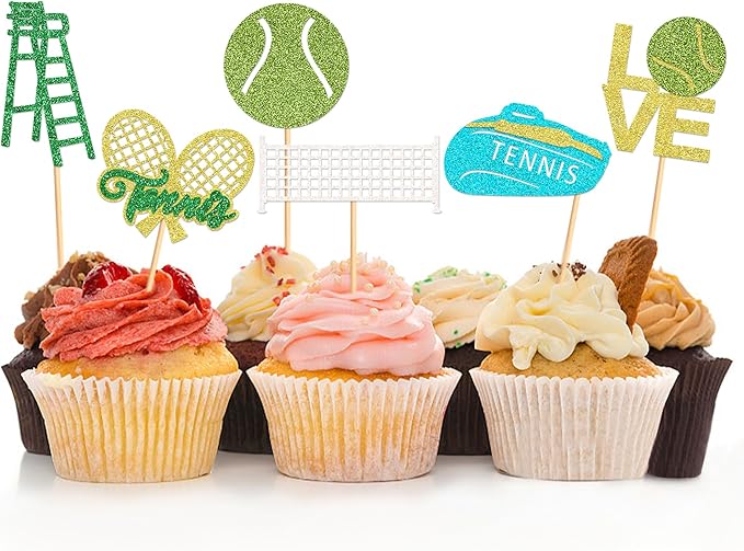 24 Pcs Tennis Cupcake Toppers Sports Ball Tennis Cupcake Picks Tennis Birthday Party Decorations Cake Decor for Sports Balls Theme Boys Girl Birthday Party Supplies