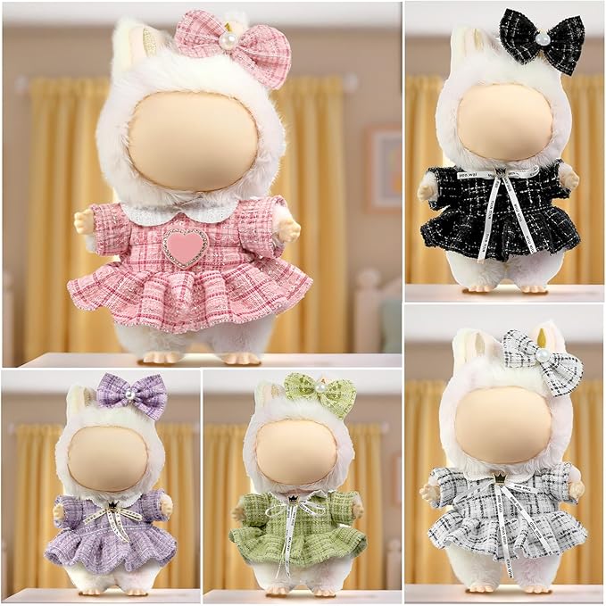 Clothes for LABUBU Doll (NO Doll), Luxury Chic Style 2-Piece Accessories for LABUBU 17cm Dolls, Premium Fashion Outfits for LABUBU - Bow Headdress + Plaid Tweed Dress (White)