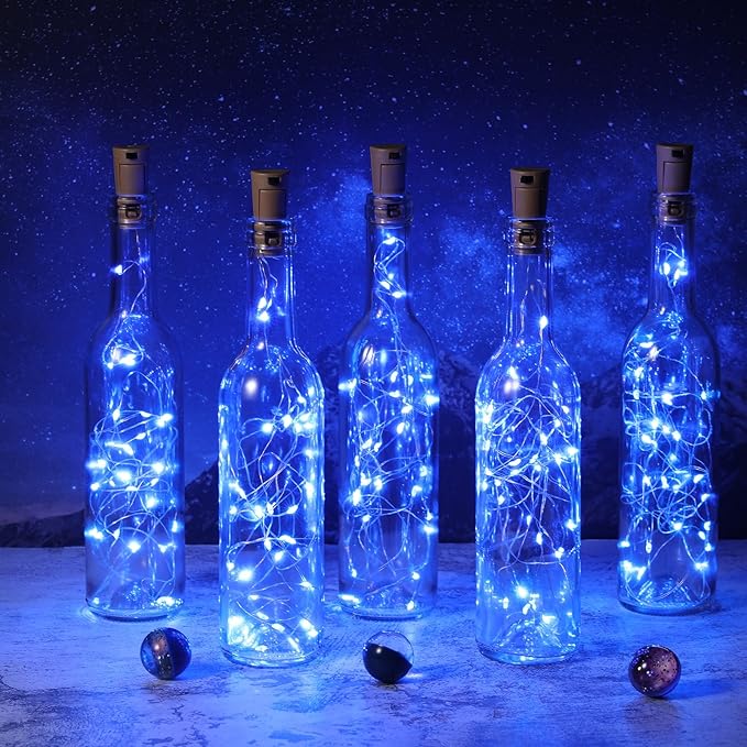 Rtteri 12 Sets Small Empty Wine Bottles with Cork Lights Centerpiece and 30 LED Battery Operated Cork Lights for Birthday Wedding Party Decoration(375 ml,Blue)