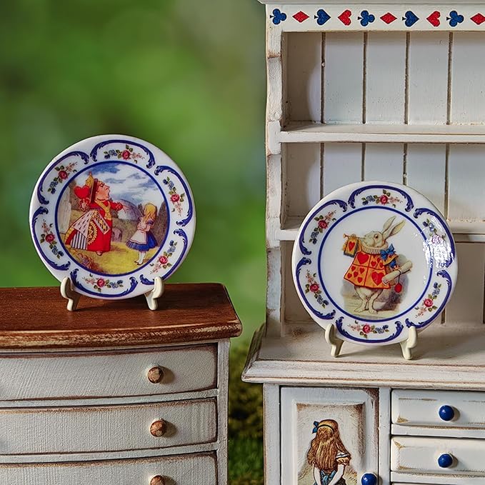 6PCS Handcrafted Miniature Ceramic Plates in 1:12 or 1:6 Scale, Vintage Porcelain Playhouse Dishes (Alice, 4CM)