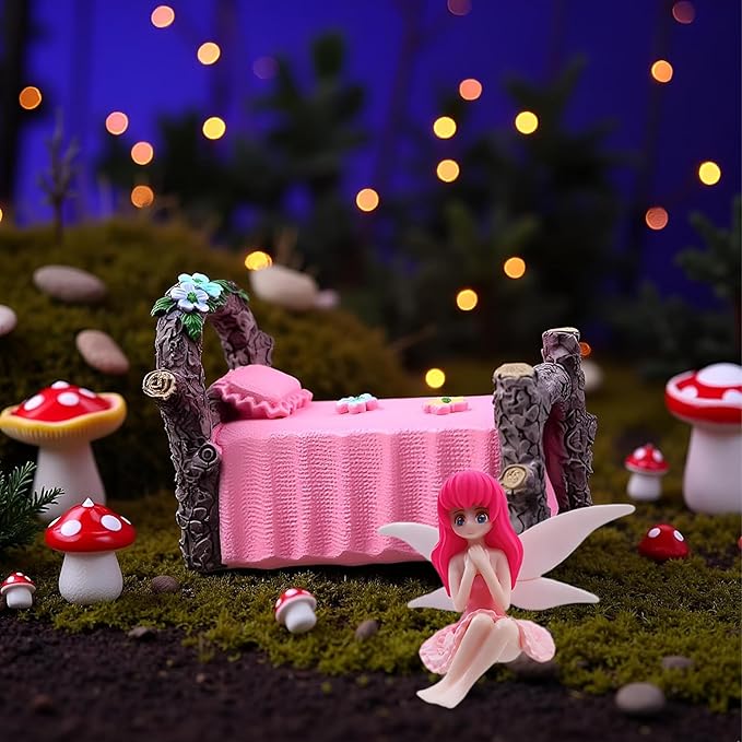 2Pcs Miniature Fairy Garden Bed with Flower Fairy Figurine – Resin Craft Ornament for DIY Fairy Garden, Terrarium, Tabletop Décor, Garden Display,Creative Home Decoration & Collectible Resin Accessory