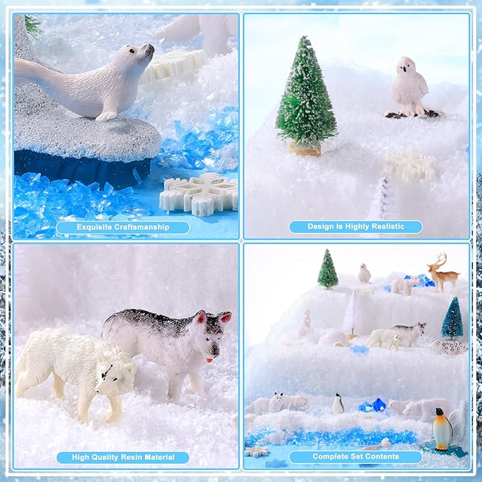 56 Pcs Arctic Animals Figurines Set Includes 14 Polar Animals Figurines 10 Pine Trees 4 Artificial Lceberg Fake Snow 3 Packs Fake Ice Rocks Fake Snow Blanket 2 Blue Tissue Paper Arctic Diorama Kit