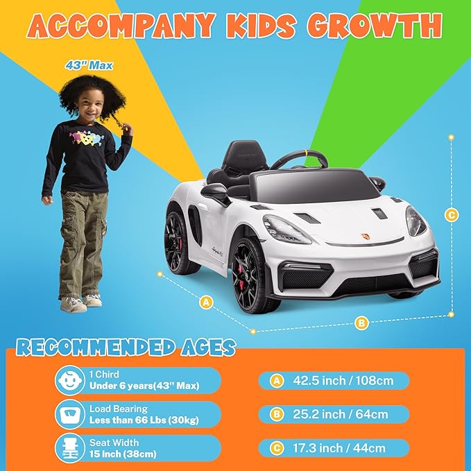 ENYOPRO Licensed Porsche 718 Spyder RS Ride-On Electric Car for Kids with Remote Control, 12v Ride On Toys for Toddlers, Electric Power Vehicle w/Trailer Wheels, Bluetooth/USB/AUX, LED Lights, White