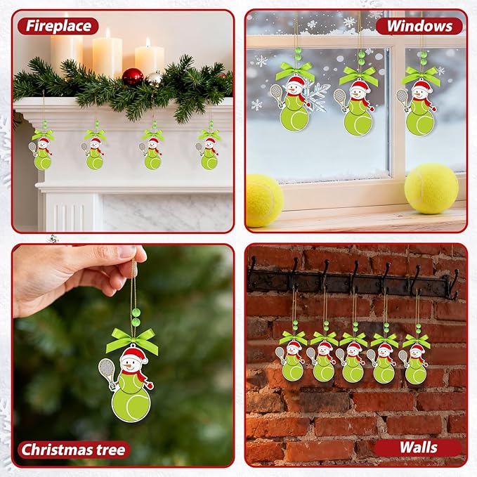 4.3 Inches Snowman Tennis Christmas Ornament, Wooden Tennis Snowman Tree Ornament Hanging Decoration for Rearview Mirror, Window, Eaves, Fireplace and Home Holiday Party Decor