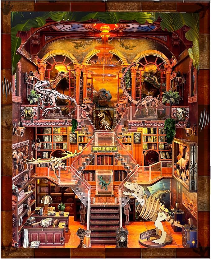 Book Nook Kit for Adults - DIY Dinosaur Museum Booknook, 3D Wooden Dollhouse Puzzle with LED Lights, Miniature Bookshelf Decor for Home Libraries