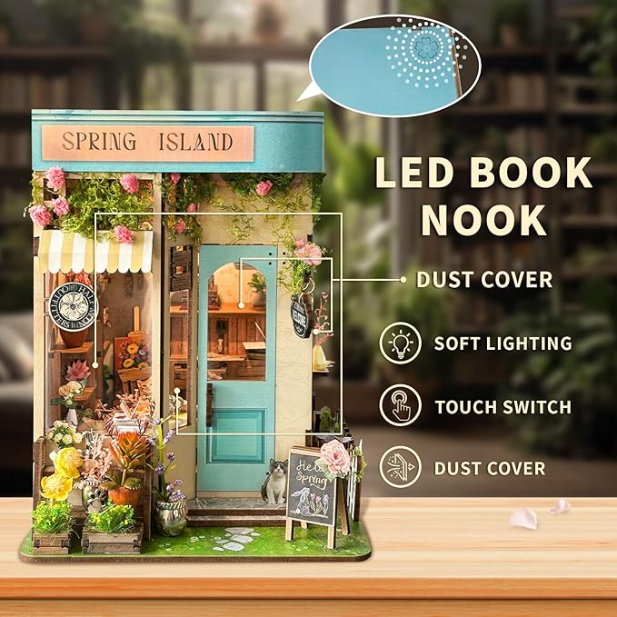 CUTEROOM Book Nook Kit for Adults, 3D Wooden Puzzle DIY Miniature Dollhouse Booknook Kit, Tiny House Building Kit with LED Light for Bookshelf Insert Decor- Spring Island
