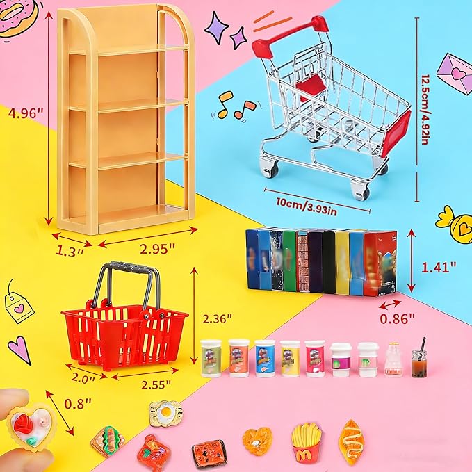 112pcs Miniature Dollhouse Grocery Set Shopping Cart Basket Food Drink Bottle Supermarket Metal Handcart Toys Doll House Store Cosplay Game Dollhouse Grocery Party Trolley Model Dollar Bills