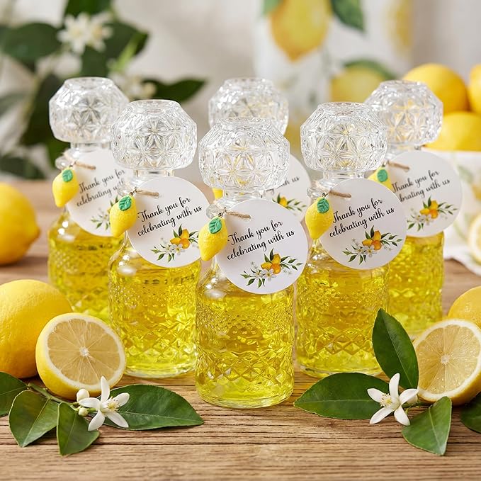 Chuangdi 16 Sets Mini Limoncello Glass Bottles Limoncello Bottles with Labels 1.7 oz Lemon Pendants Lemon Party Favors for Homemade Brewing Wedding Baby Shower Gifts(Delicate)
