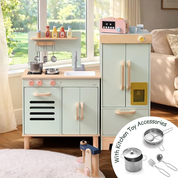 Pillowhale Wooden Play Kitchen Set, Mint Green Stove & Sink with 5 Stainless Steel Tools, Click Knobs, Storage Cabinets, Montessori Toy for Toddlers 3+