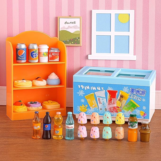 Miniature Food Play Set for Kids - Includes Refrigerator Freezer Ice Cream Drinks & Display Shelves Realistic Toy for Imaginative Play, for Toddlers