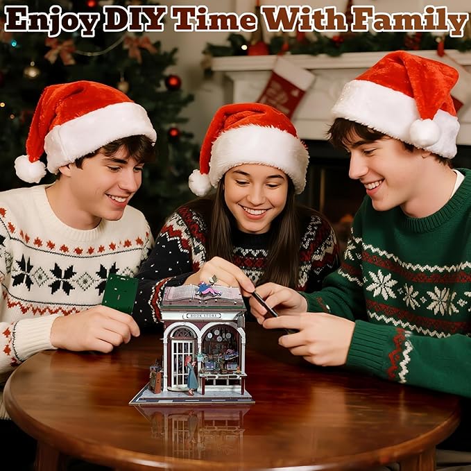3D Wooden Puzzles Book Nook Kits for Adults Miniature House Building Kits, DIY Tiny Wooden Crafts Model Bookshelf Decor with LED Lights, Gifts for Family, Friends, Christmas(Bookstore)