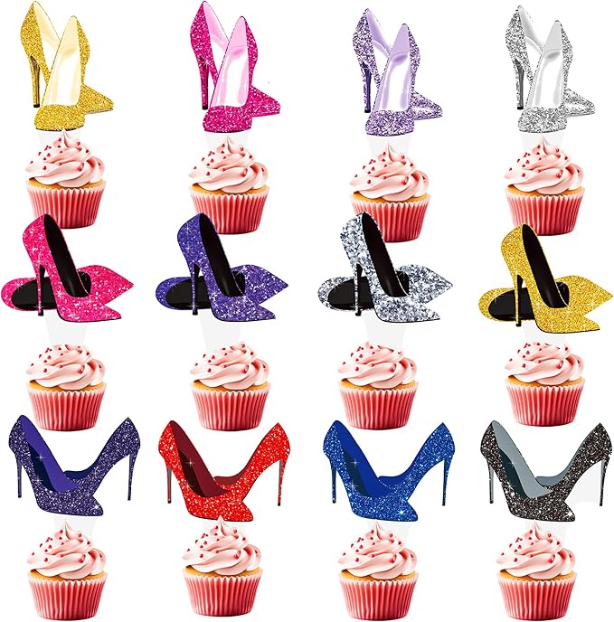 High Heels Cupcake Toppers 48Pcs High Heel Cake Decorations Colorful Stiletto Shoes Birthday Party Decorations Makeup Cupcake Picks for Queen Bachelorette Bridal Shower Supplies