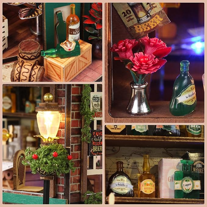 Miniature House Kit, DIY Miniature Dollhouse Kit, Mini House Building Kits with LED, Unique Gift for Birthday Christmas Day, Beer Bar