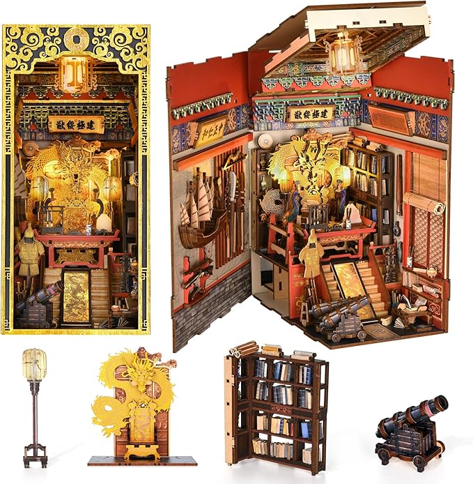Book Nook Kit, 3D Wooden Puzzle for Teens and Adults, DIY Miniature Dollhouse Booknook Kit Bookend Bookshelf Insert Decor with LED Light (The Emperor’s Study)