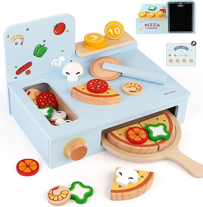 Pillowhale Wooden Pizza Play Set – 24 PCS Slice‑&‑Serve Pretend Play Pizza Toy, Hook‑and‑Loop Cutting, Montessori Kitchen Role Play, Wooden Play Food Gift for Toddlers Ages 3‑6