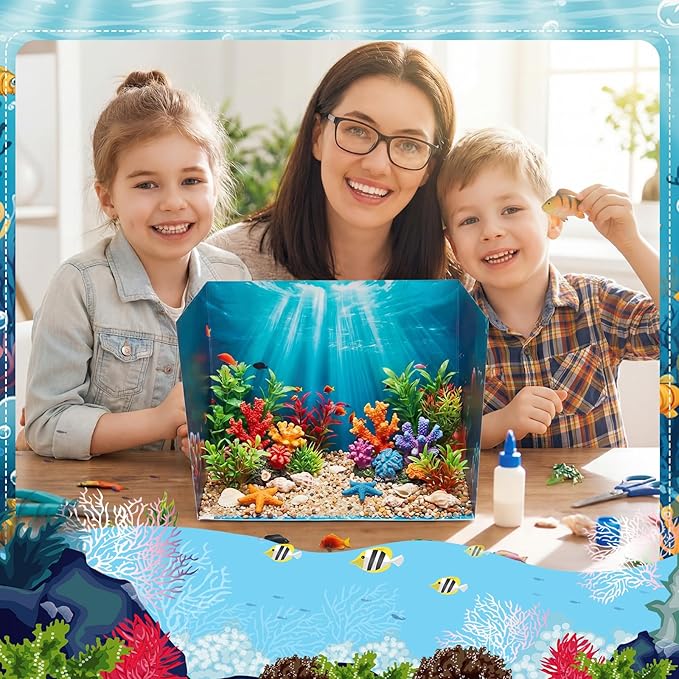 2 Set Ocean Diorama Box and Water Sticker Decor, Under the Sea Diorama Project Supplies Set, Cardboard Display Case Kit & Water Sticker with Double Sided Tapes for DIY Crafts Dollhouse