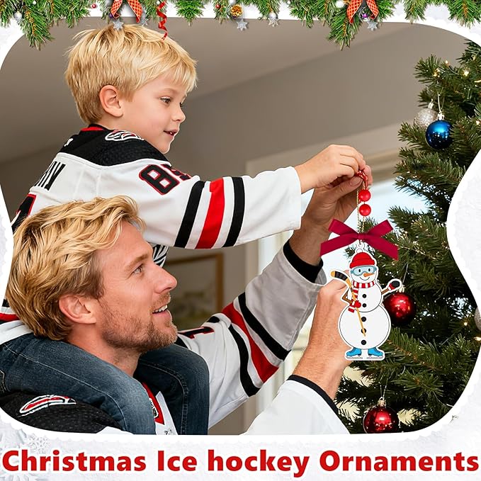 4.3 Inches Snowman Ice Hockey Christmas Ornament,Wooden Ice Hockey Snowman Tree Ornament Hanging Decoration for Rearview Mirror, Window, Eaves, Fireplace and Home Holiday Party Decor