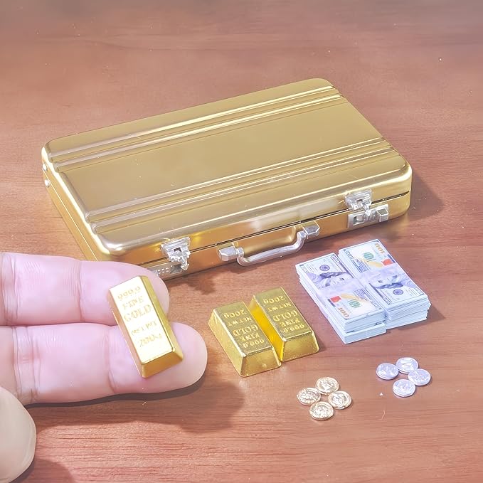 1:6 Scale Miniature Gold Briefcase Gift Set with Fake Gold Bars, 180Pcs Mini $100 Dollar Bills & Vintage Coins | Unique Collectible Display, Dollhouse Accessory & Fun Novelty Gift for Adults