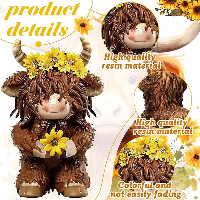 Burbell 2 Pcs Highland Cow Figurines Decor Cow Gnomes with Sunflower Resin Statue Calf Lovers Gifts for Farmhouse Home Garden Bathroom Kitchen Office Tiered Tray Table Decor