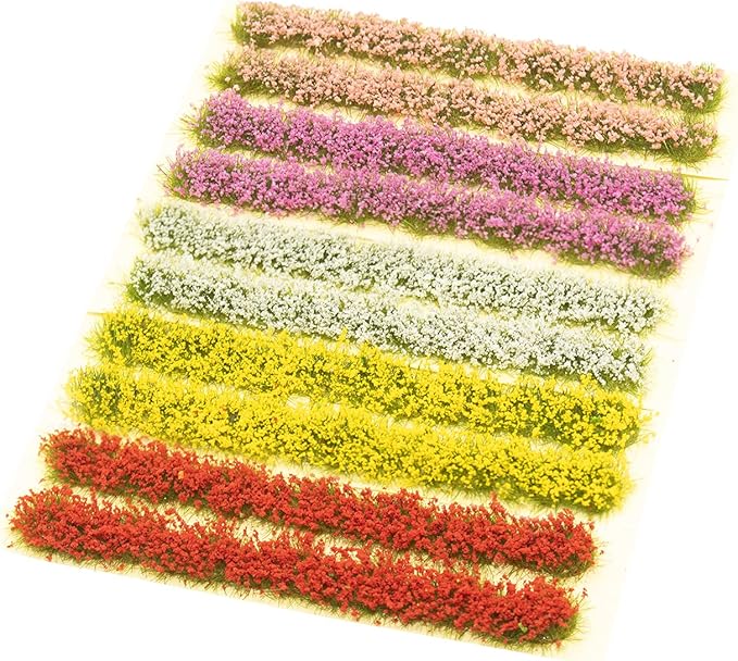 Warmtree 10 Pcs DIY Miniature Colorful Flower Strips Self Adhesive Flower Cluster Static Grass Tufts for Train Landscape Railroad Scenery Sand Military Layout Model Miniature Bases and Dioramas