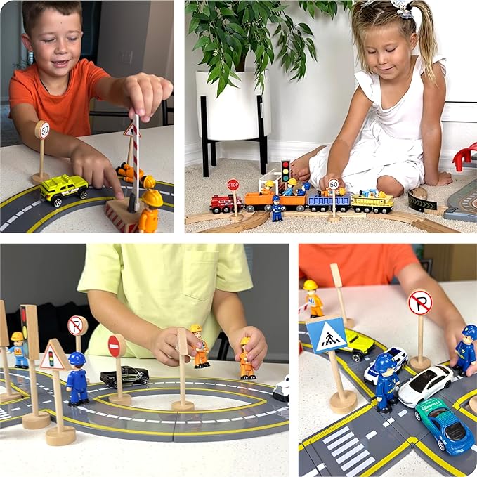 20-Piece Set Wooden Road Signs for Kids – Traffic Signs with Action Figures for Kids - Traffic Lights, Street Signs, Stop Sign, Toy People, Construction Workers, Community Helpers & Police Figures