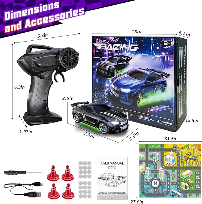 Mini RC Drift Car 1:64 Scale, Remote Control Car with LED Lights & 2-Speed Modes, 2.4GHz Stunt Drifting RC Toys with 4 Obstacles & Track Mat, Hobby Gift for Kids & Adults, Black