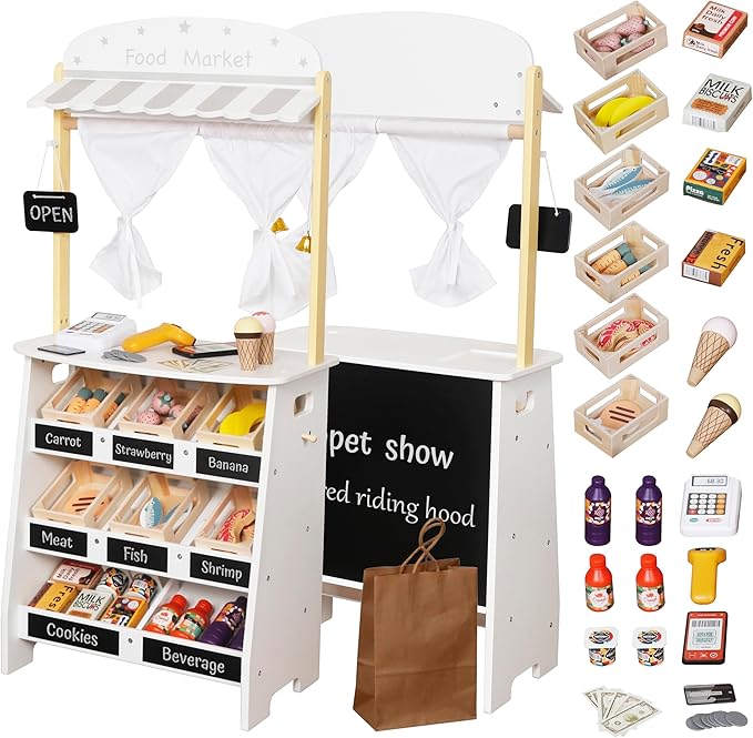 Touch Us Kids Grocery Store Playset,Pretend Play Store Toy & Wooden Supermarket Shopping Cart with Toy Cash Register, Play Money&Blackboard;26PCS Food Toys Shop for 3+ year old boys girls toddler baby