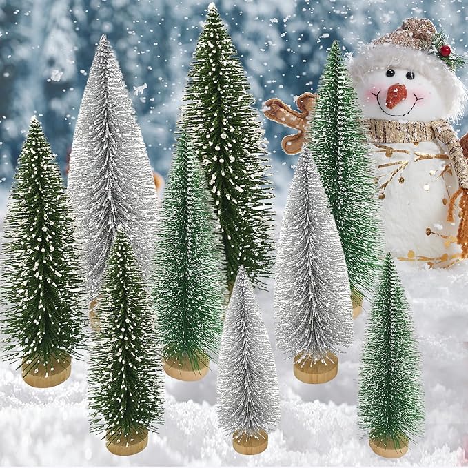 Yahpetes Christmas Trees 9 Pcs Artificial Bottle Brush Tabletop Trees Christmas Table Decorations for Xmas Holiday Party Decor (Silver,Green,Dark Green 9Pcs)