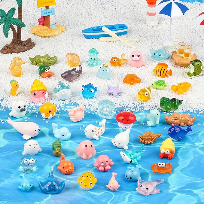 50 PCS Mini Sea Animals Figurines Tiny Resin Ocean Animal Mini Plastic Ocean Animals for DIY Miniature Scenes Dollhouse Birthday Party Decoration, Fish Tank Aquarium