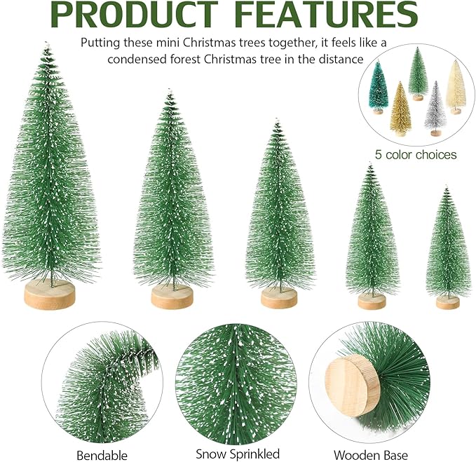 30Pcs Mini Christmas Tree Decor, Artificial Christmas Tree 5 Sizes,Mini Sisal Snow Frost Trees with Wooden Base for Christmas Decor Christmas Party Home Table Craft Decorations (B/Multicolor)