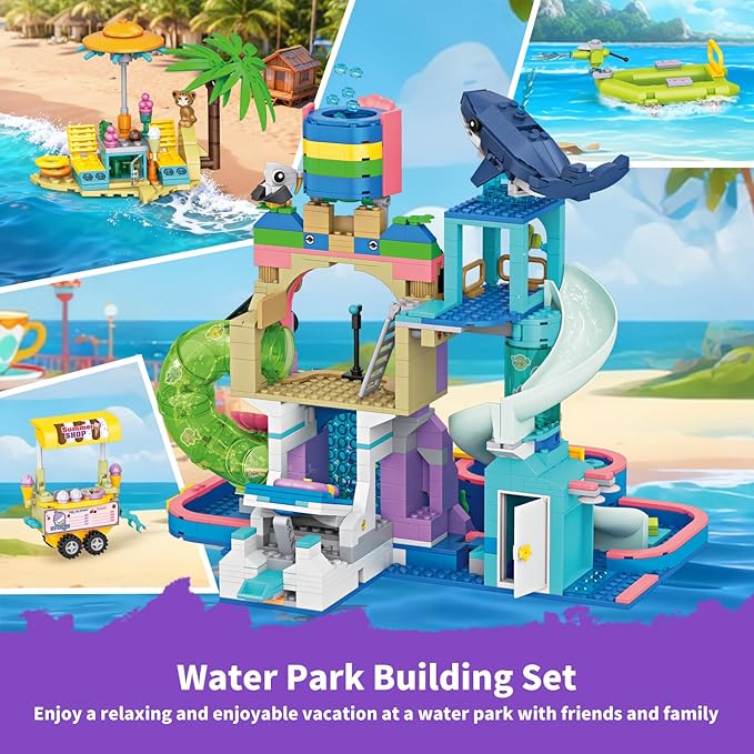 1150Pcs Friends Water Park Building Set, STEM Summer Fun Party Toy with Swimming Pool Slides,Water Canons,Diving Platform,Animal, Pretend Play Kit for kids, Birthday Gifts for Girls Ages 6-12+