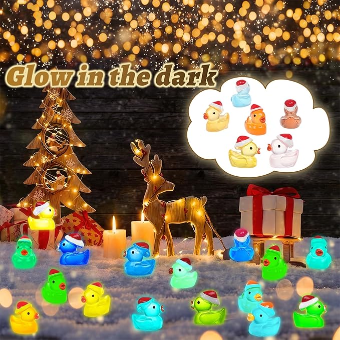 160Pcs Luminous Christmas Mini Ducks, Glow in The Dark Xmas Mini Resin Ducks with Santa Hats, 16 Colors Tiny Ducks Bulk for Micro Fairy Garden DIY Miniature Dollhouse Decor