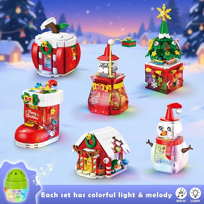 Christmas Building Blocks Set with Lights & Music - 6 Pack Christmas Ornaments - Santa Gift Bag, Snowman, Xmas Tree, Stockings, Apple House & Winter Cottage Building Blocks Gift Idea