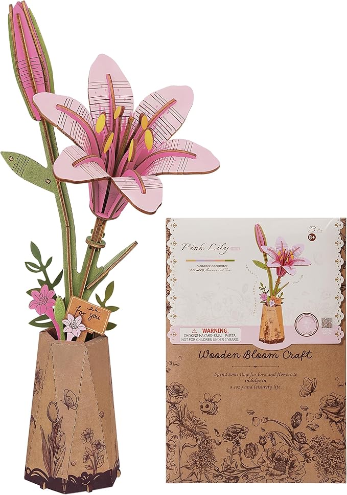 3D Flower Wooden Puzzles for Adults-Pink Lily, DIY Wooden Flowers Model Kit Building Set Crafts for Adults to Build, Botanical Collection/Ideal Creative Gift Ideas/Housewarming (73PCS)