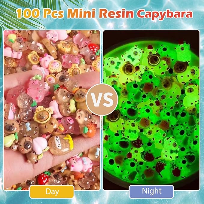 100 Pcs Mystery Capybara Blind Bag: Mini Glow and Classic Resin Capybara Figures Bulk, Mini Capybara Resin Animals for Fairy Garden, Dollhouse Décor, Collectible Surprise