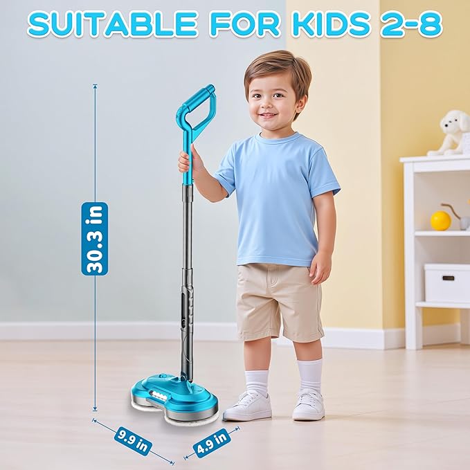 BLAXTEM Kids Toy Electric Spray Spin Mop, Rechargeable Cordless Electric Mop W/ Water Sprayer & LED Headlight for Children Ages 3 4 5 6+ Boys & Girls, Cleaning Toy for Pretend Play (Blue)